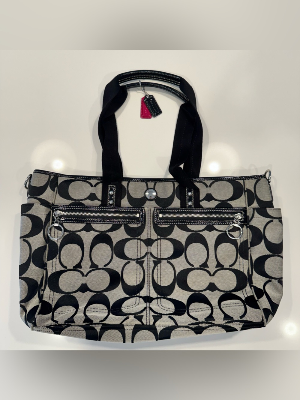 Coach Signature C Monogram Tote, Black, Gray, Pink